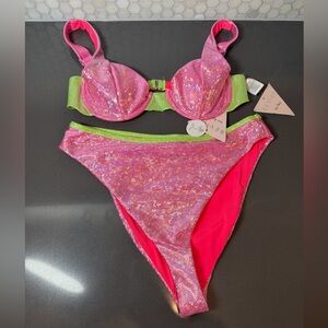 Dippin' Daisy's Hot Pink & Neon Green Sparkly Bikini Size Large NWT's Swimsuit